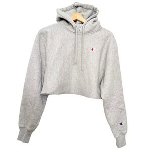 Champion Reverse Weave Cropped Cut-Off Hooded Sweatshirt Gray Logo Patch S